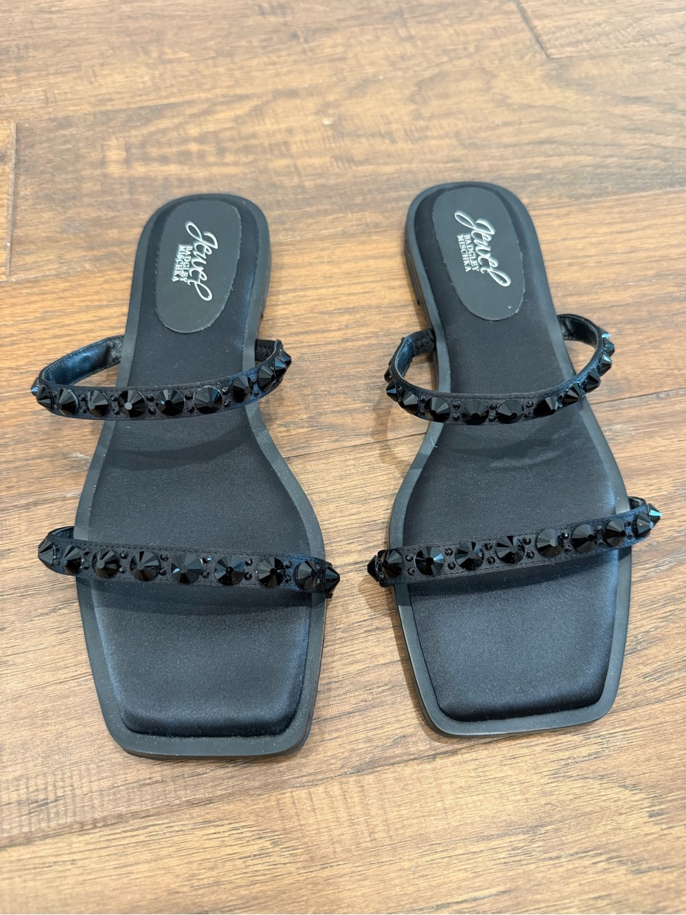 Jewel Badgley Mischka HONESTY Black Double-Strap Jeweled Slide Sandals